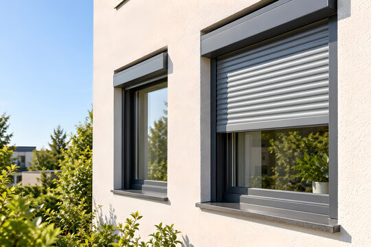 Partly lowered exterior roller shutter on apartment window