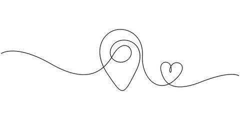 Obraz premium Map pin with heart one line art continuous drawing of location pointer vector illustration