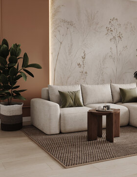 Modern living room interior with beige curved sofa, dark wooden coffee table, botanical wallpaper mural and terracotta accent wall, cozy neutral home decor with plants, 3D render