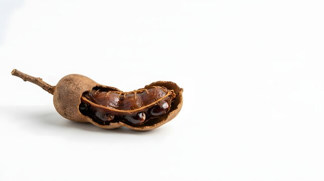 Tamarind pod with a cracked shell revealing sticky brown pulp and seeds on a white background.