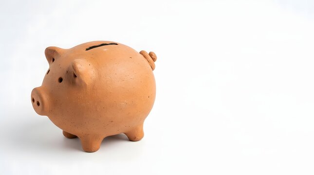 Handmade terracotta clay piggy bank with a coin slot on a clean white background.