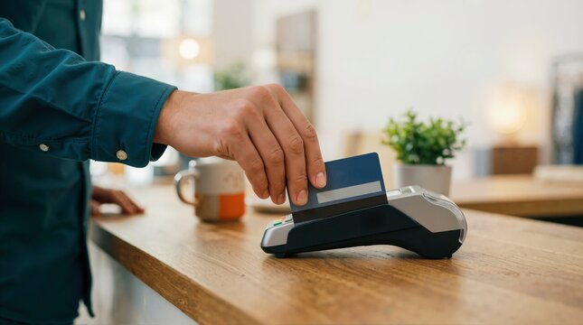 Hand swiping credit card through a POS terminal on a wooden counter. Contactless and magnetic stripe payment transaction in a retail store