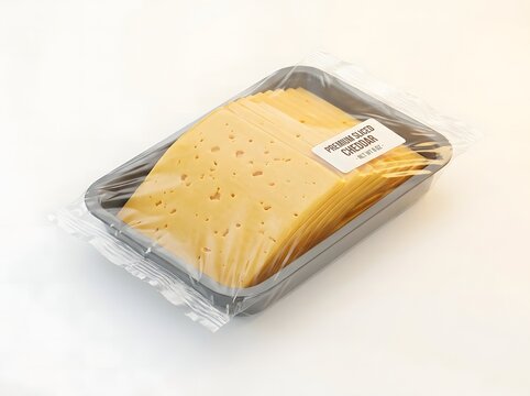Packaged sliced cheddar cheese on a white surface dairy product in plastic wrap