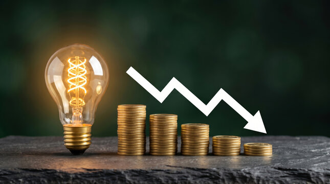 Coins stacked decrease beside glowing light bulb with downward arrow. Finance investment recession crisis. money budget saving expense, value reduction down decayed, risk loss