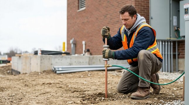 Electrician installing electrical ground rod into soil at construction site. Worker using slide hammer to drive copper grounding electrode