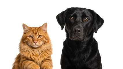 Fototapeta premium Fluffy orange cat and black Labrador dog looking forward, isolated on transparent background