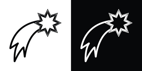 Falling shooting star comet icon with light trail, black and white vector line graphic for christmas star and celestial themes.    © bibin