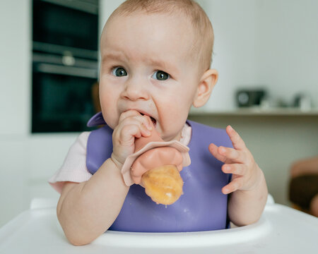 6-7 month baby eating with silicone fruit feeder
