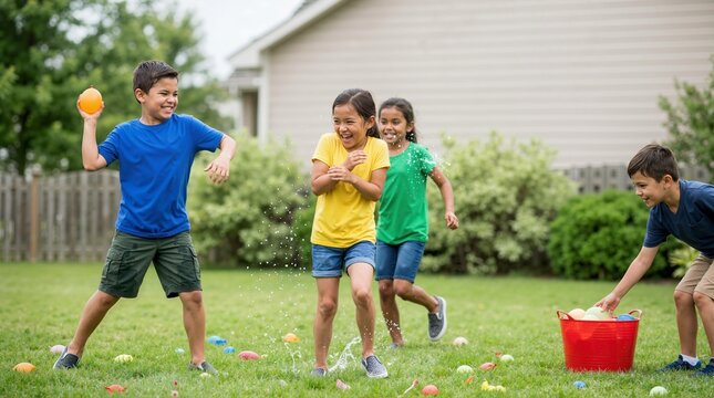 Children having a water balloon fight in backyard lawn. Happy kids playing outdoor water games in summer