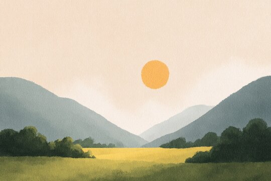 A field with lush green grass tall trees and rolling hills in the background illuminated by a bright yellow sun in the sky.