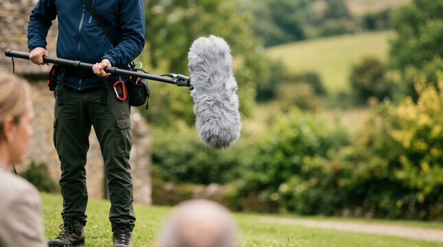 Boom operator holding microphone with furry windscreen on outdoor film set. Sound recordist capturing audio in nature. Film production and audiovisual crew concept