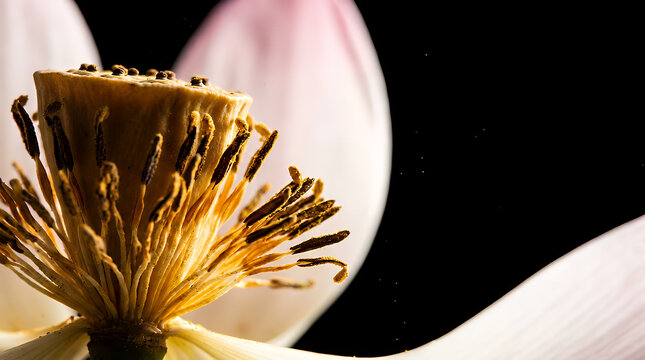 Detailed close-up of a lotus flower's seed pod with stamens, surrounded by soft pink petals and a dark background, symbolizing growth and new beginnings.