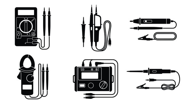 Electrical testing instrument set featuring multimeters probes clamp meters voltage testers measuring devices and diagnostic equipment for technicians