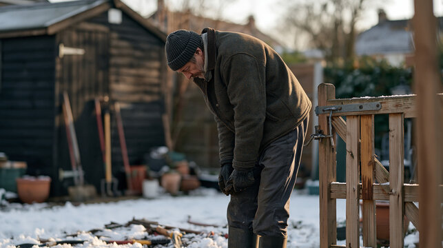 A gardener returns from holiday break to find his locked shed broken into, tools scattered in snow, gate latch bent, checking damage with dismay in a frost-covered backyard,