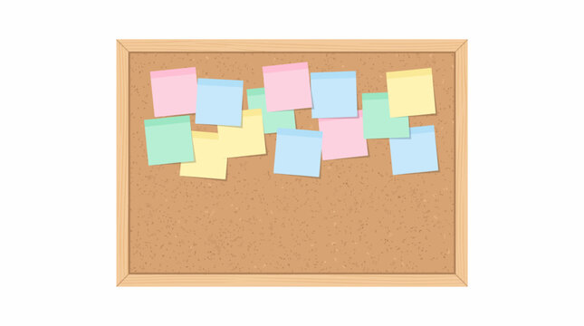 Corkboard vector illustration featuring colorful sticky notes pinned on wooden frame office notice board graphic design element