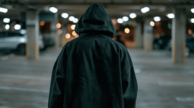 Grainy security camera footage aesthetic of a hooded figure moving through an empty parking garage, timestamp overlay, CCTV surveillance concept, burglary evidence, security