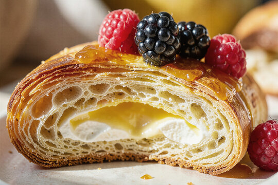 x-default Freshly Baked Golden Laminated Danish Pastry Filled With Cream And Fresh Berries