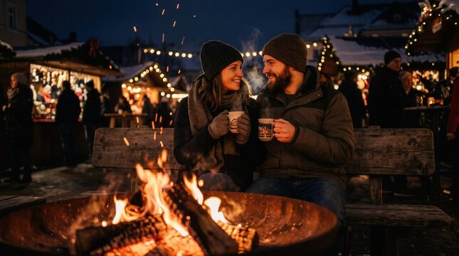 Romantic couple sitting by a fire pit at a festive Christmas market with glowing sparks, sharing cozy winter warmth for holiday tourism and seasonal marketing design.