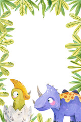 Watercolor cute purple triceratops and baby dinosaur with tropical leaves frame border template © Ilona