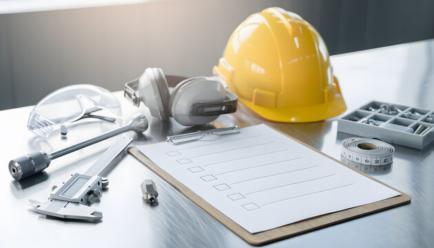 Close-up quality control checklist beside industrial tools for manufacturing inspection and safety.