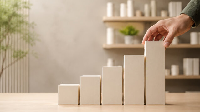 Business growth involves rising block chart with human hand placing final step in warm office setting for progress