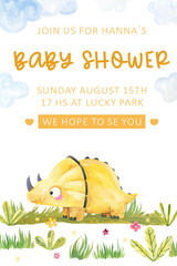 Watercolor cute yellow triceratops dinosaur baby shower invitation template card © Ilona