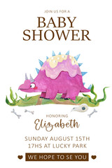 Watercolor cute pink stegosaurus dinosaur baby shower invitation template card © Ilona