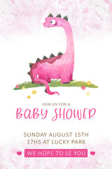 Watercolor cute pink dinosaur baby shower invitation template card with long neck diplodocus © Ilona