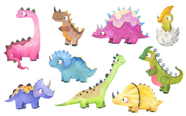 Cute watercolor dinosaurs set with cute dino characters, hatching egg, triceratops, diplodocus and stegosaurus isolated on white background for kids design and nursery decor © Ilona