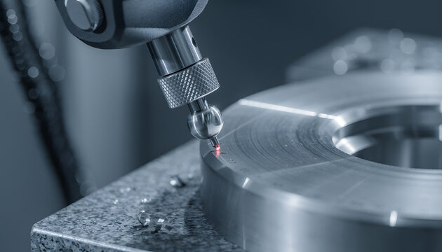Precision digital measuring instrument inspecting machined metal components for industrial manufacturing.
