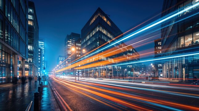 Urban commuter movement concept with vehicle light trails flowing through a modern city corridor at night