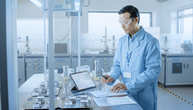 Industrial quality testing with technician reviewing measurement results for precision manufacturing.
