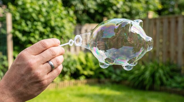 Savings protection concept with a hand holding a transparent piggy bank bubble in a garden, representing financial vulnerability