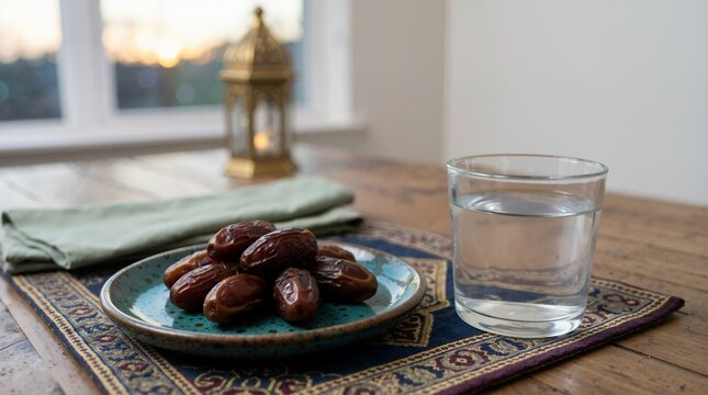 Dried dates on a ceramic plate and a glass of water on a wooden table. Ramadan iftar table setting with traditional lantern at sunset