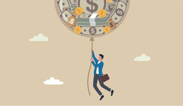 Financial bubble to the for you by QE injected money concept, businessman investor holding flying balloon tight afraid to fall off