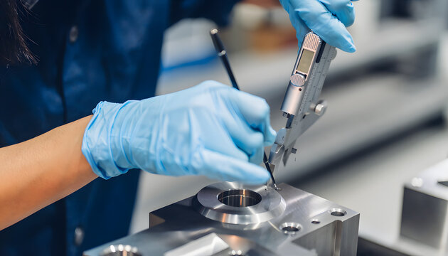 Technician marking a measurement point on a metal component for precision quality control.