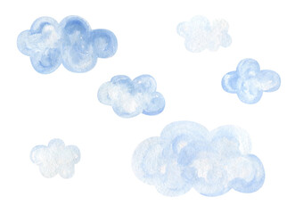 Obraz premium Watercolor blue sky clouds set hand drawn fluffy clouds collection isolated on white background