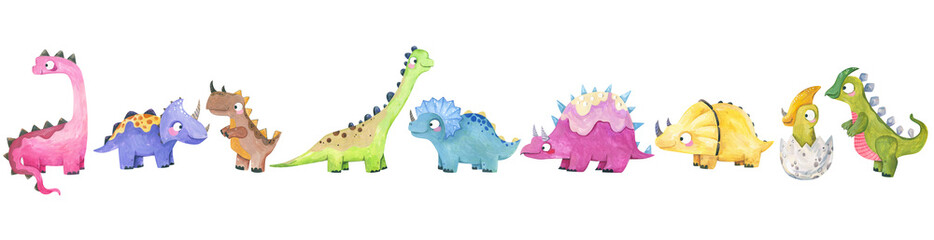 Watercolor cute dinosaurs row collection isolated on white background hand drawn colorful cute dino border horizontal banner for nursery design © Ilona