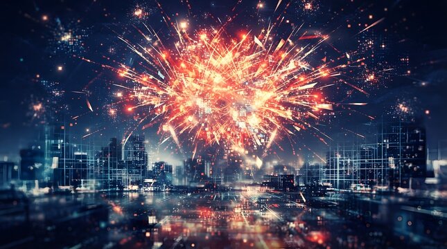 Vibrant fireworks explode over a modern city skyline at night creating a festive atmosphere