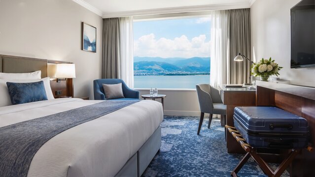Modern hotel bedroom with a panoramic sea and mountain view window. Resort accommodation featuring a made bed, armchair, desk, and blue travel suitcase