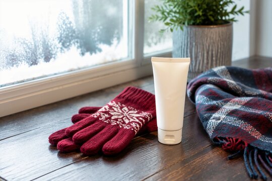 White cosmetic tube on wooden windowsill next to winter gloves and scarf. Moisturizing hand cream for winter skincare