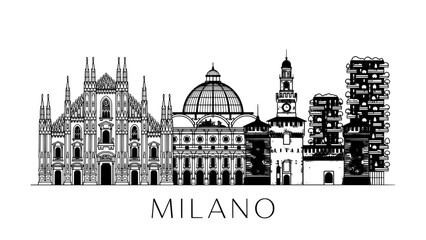 Obraz premium Milan skyline silhouette - black and white vector illustration of Italy landmark
