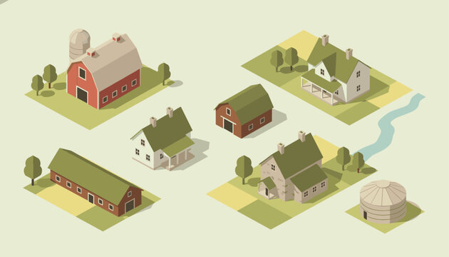 Isometric layout of a rural farm featuring various barns, houses, a silo, a river, and green fields in a peaceful countryside setting.