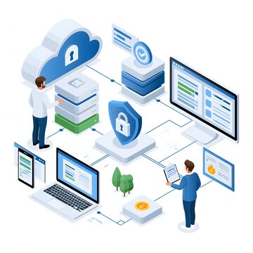 Isometric cybersecurity ecosystem with cloud server, secure database, employee devices, firewall layers, identity authentication and monitoring dashboard, clean contemporary business illustration