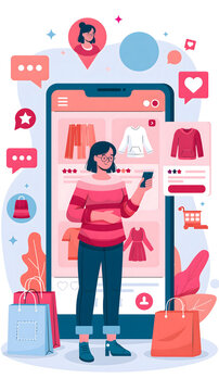 Live shopping concept with presenter showcasing products through a vertical mobile interface, real-time viewer engagement, product cards and instant checkout, vibrant commercial social commerce scene