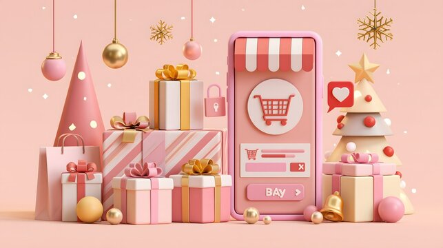 Q4 holiday social commerce concept with festive product showcase, smartphone shopping interface, promotional offers, gift packages and digital checkout, sophisticated seasonal ecommerce advertising