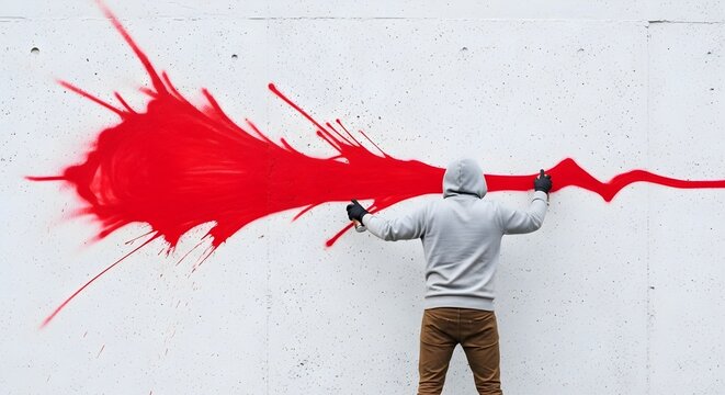 Urban Street Artist spraying vibrant red paint splash on white concrete wall ideal for urban culture articles, creative agency branding, and street art documentaries.