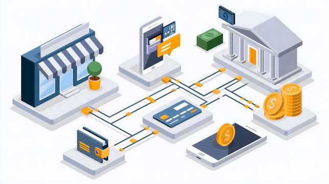 Digital payment ecosystem connecting online store, mobile wallet, payment gateway, bank account and customer device, interconnected financial network, polished enterprise technology illustration