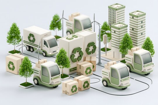 Sustainable last mile delivery concept featuring electric delivery vehicles, reusable packages, urban distribution hub and green logistics technology, clean modern commercial composition