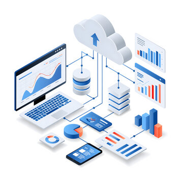 Isometric business intelligence ecosystem with analytics dashboard, cloud database, financial charts, sales metrics and interconnected data sources, clean contemporary 3D illustration